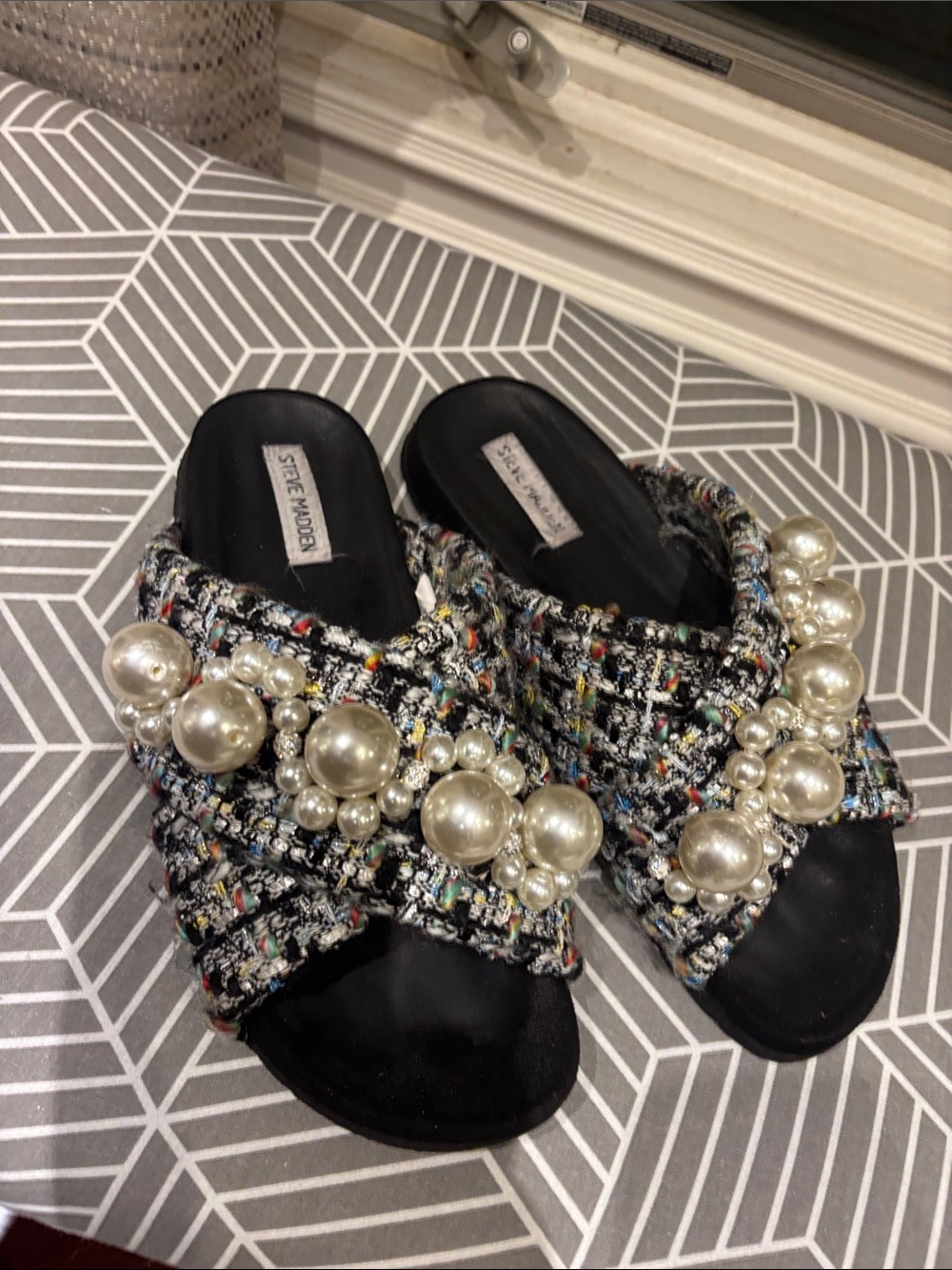 Steve Madden Black  and multi color Tweed Slide Mules with Pearl Clusters